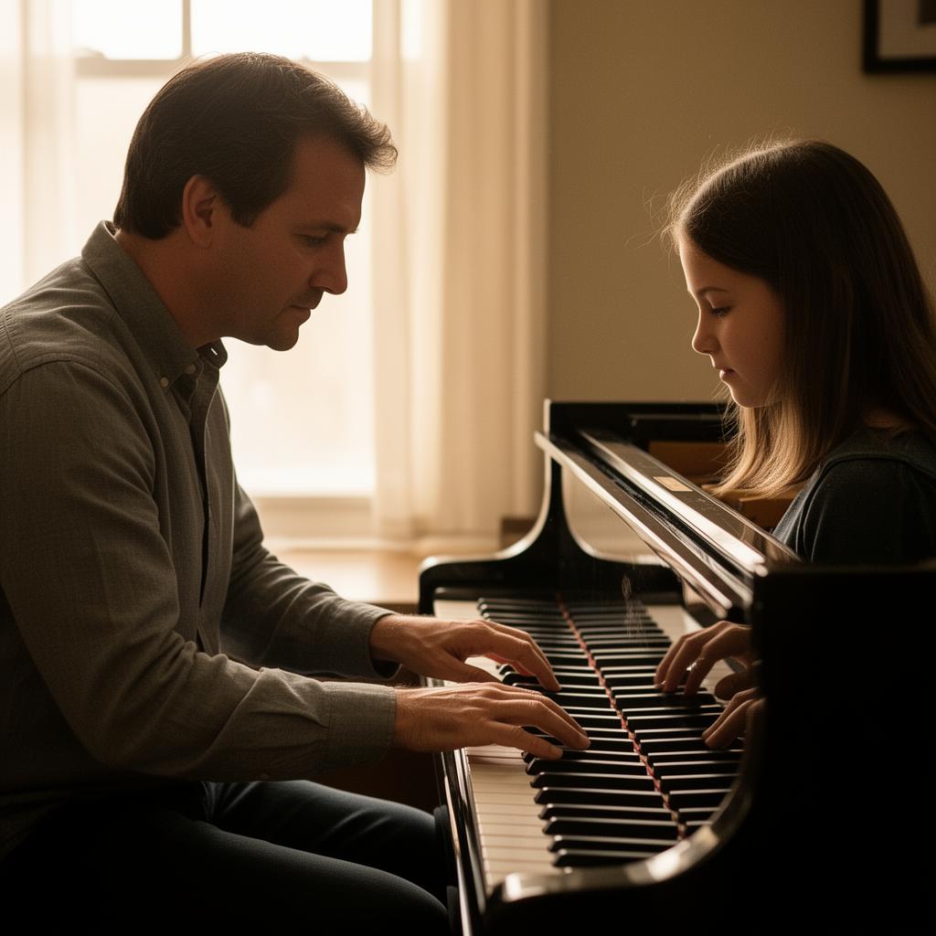 A piano instructor gently guiding a student at the keys