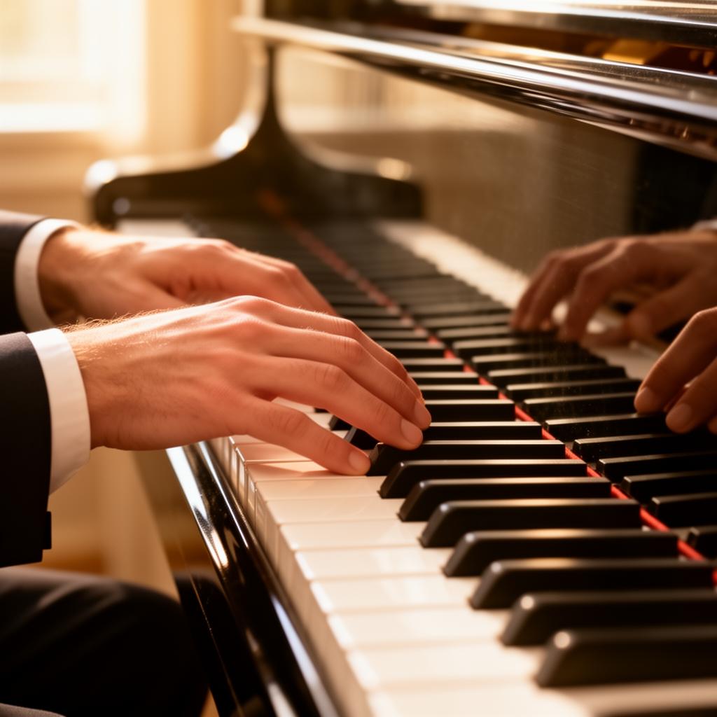 Hands resting on grand piano keys in soft morning light