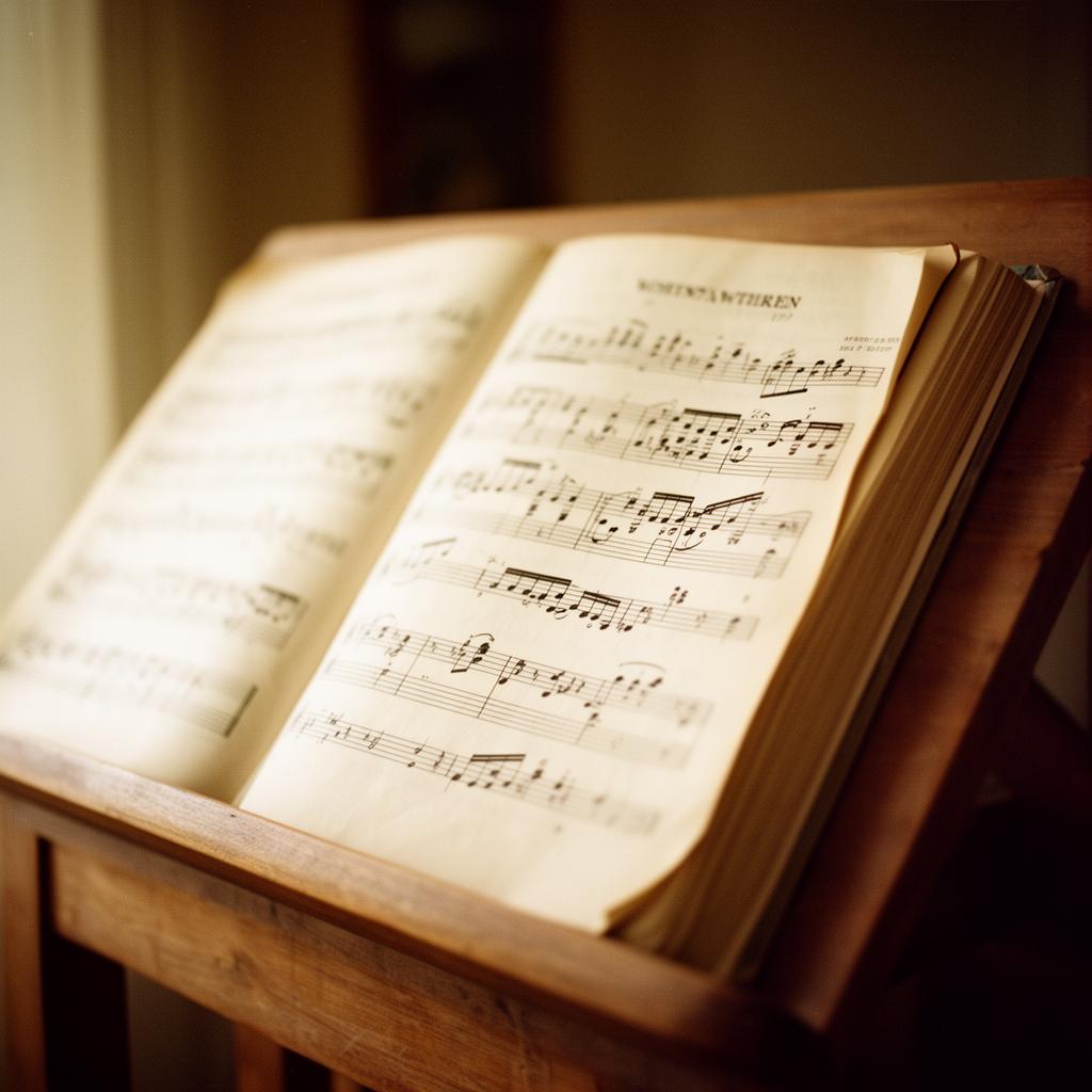 Open sheet music on a wooden stand in warm light